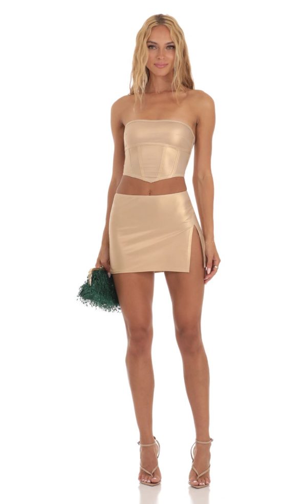 Faux Leather Two Piece Skirt Set in Gold