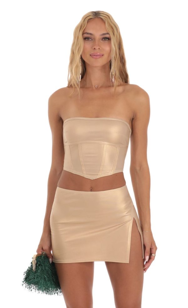 Faux Leather Two Piece Skirt Set in Gold - Image 4