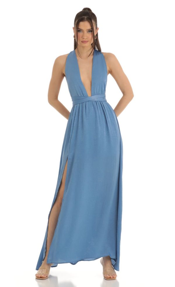 Satin Maxi Dress in Blue