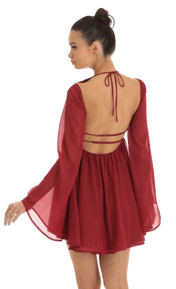 Chiffon Plunge Neck Dress in Red - Image 2