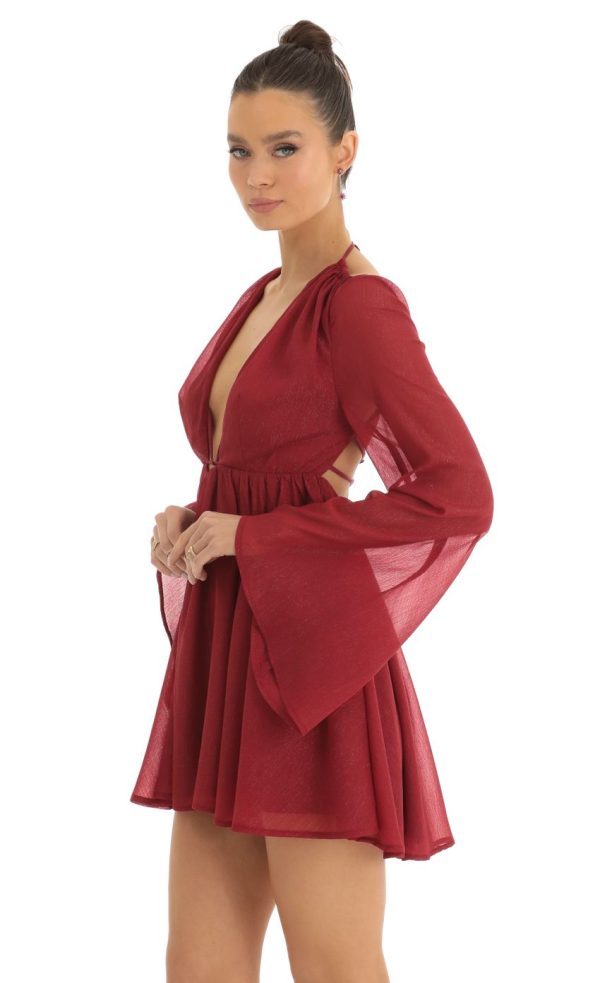 Chiffon Plunge Neck Dress in Red - Image 3