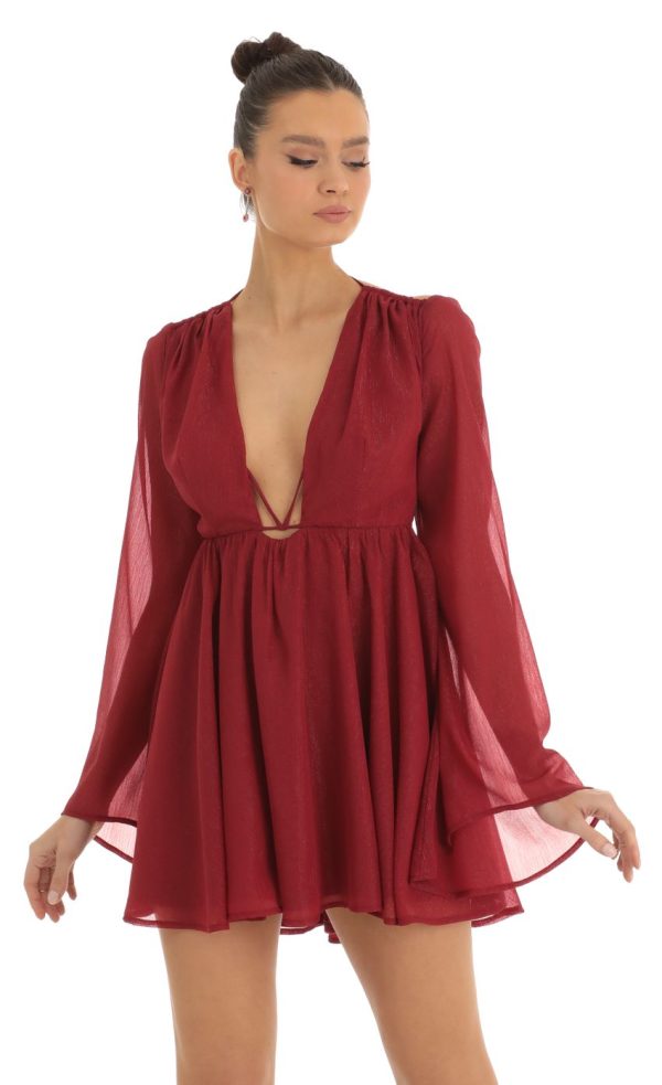 Chiffon Plunge Neck Dress in Red - Image 4
