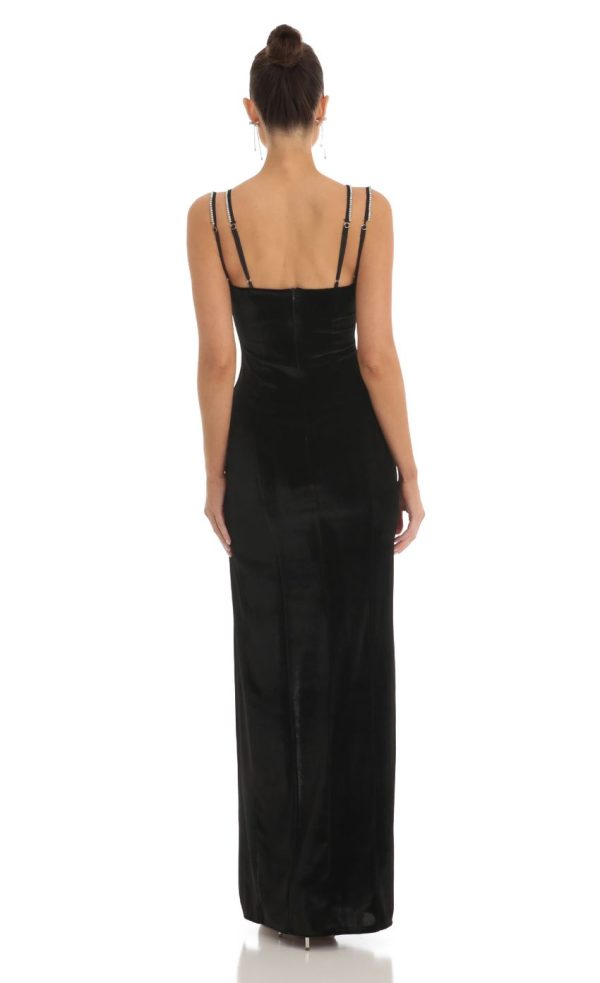 Rhinestone Bust Velvet Maxi Dress in Black - Image 2