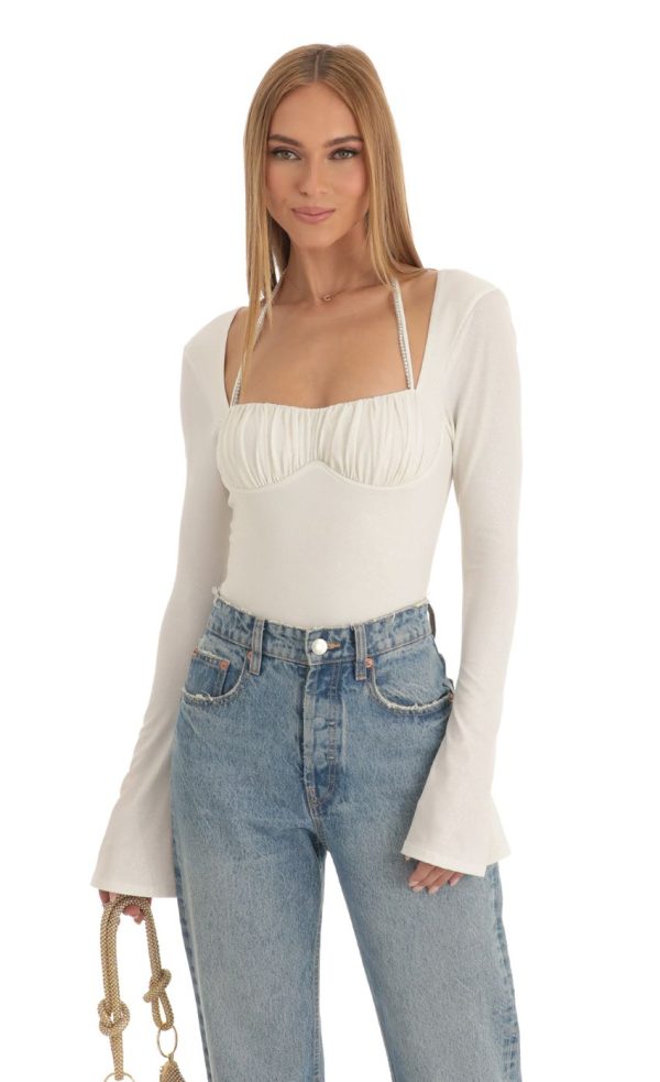 Glitter Flare Long Sleeve Bodysuit in White - Image 4