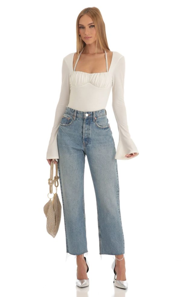 Glitter Flare Long Sleeve Bodysuit in White - Image 6