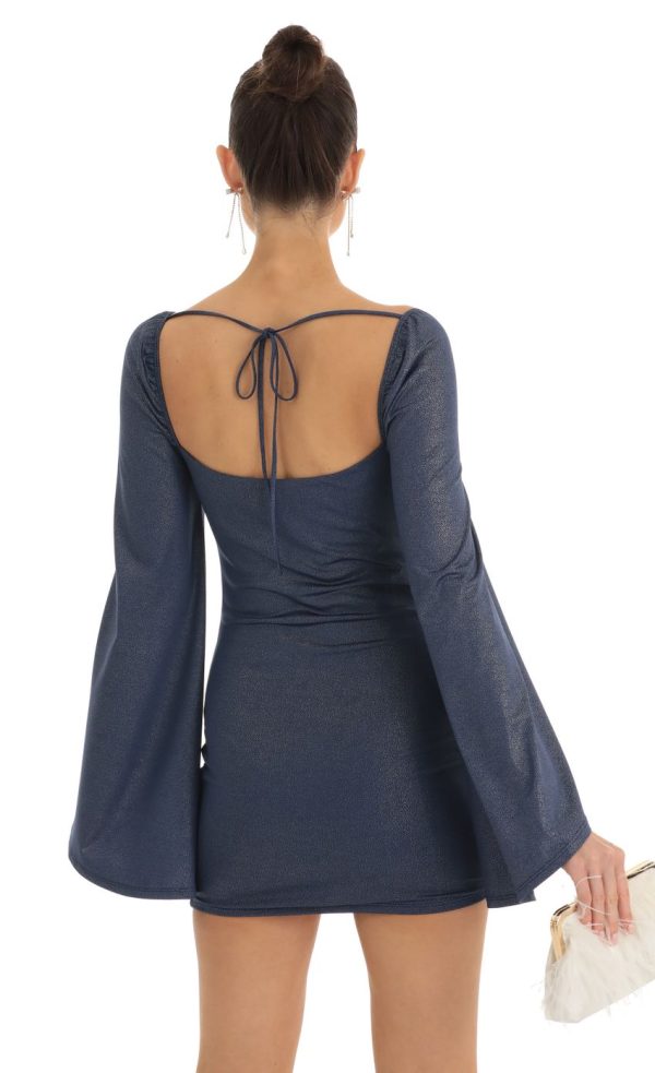 Foil Flare Sleeve Bodycon Dress in Navy - Image 2