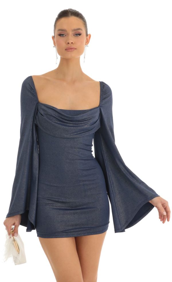Foil Flare Sleeve Bodycon Dress in Navy - Image 4