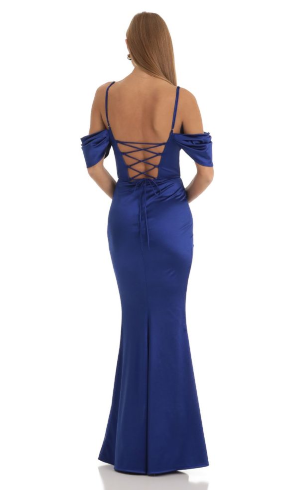 Ruched Satin Maxi Dress in Blue - Image 2