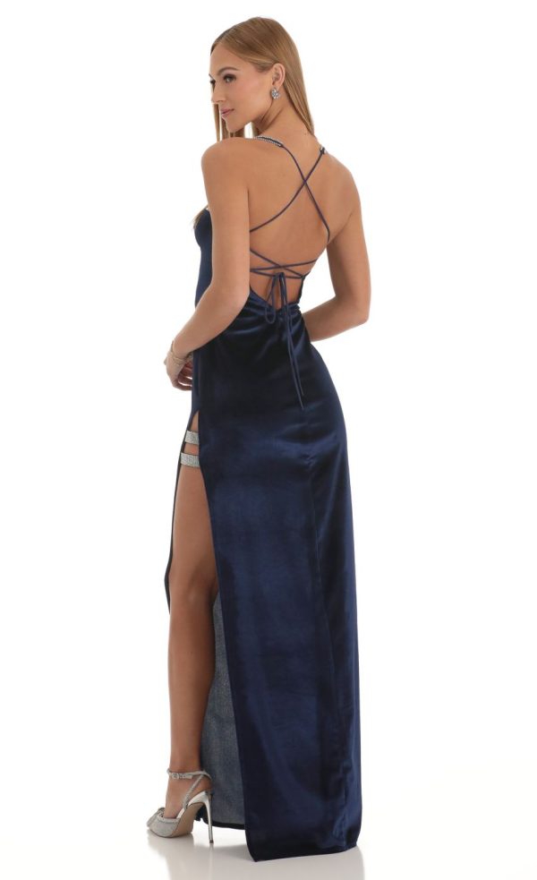 Velvet Rhinestone Slit Maxi Dress in Dark Blue - Image 2