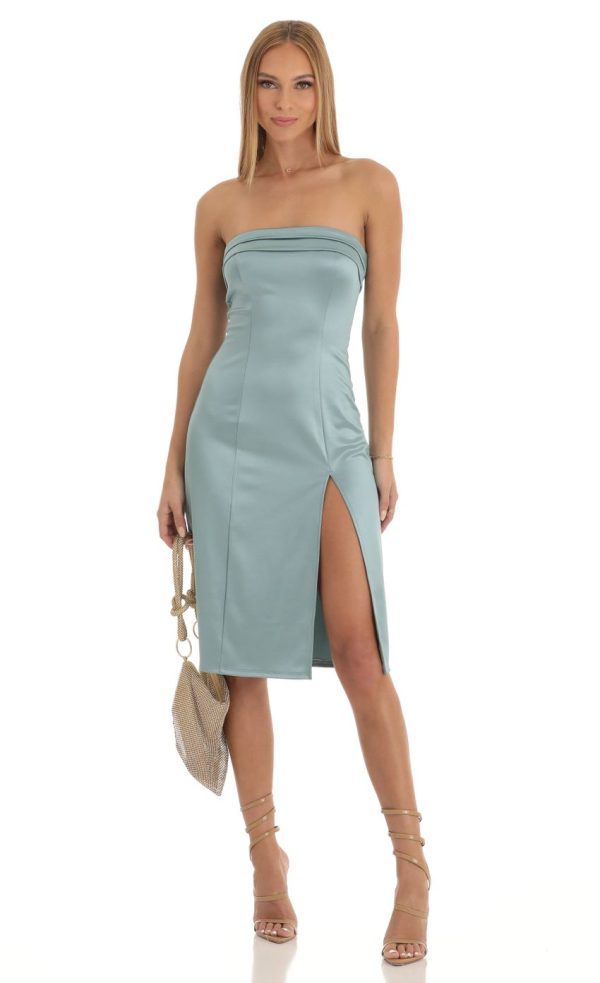 Kerrie Satin Strapless Midi Dress in Stone Blue