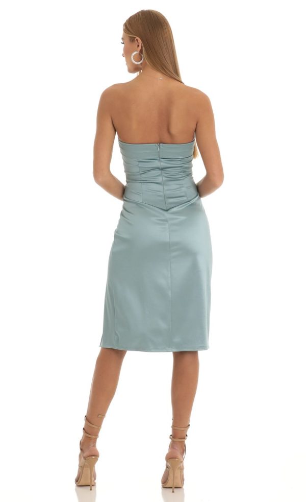 Kerrie Satin Strapless Midi Dress in Stone Blue - Image 2