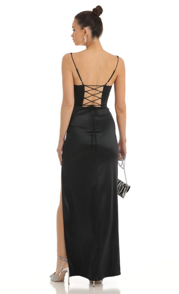 Satin Rhinestone Maxi Dress in Black - Image 2