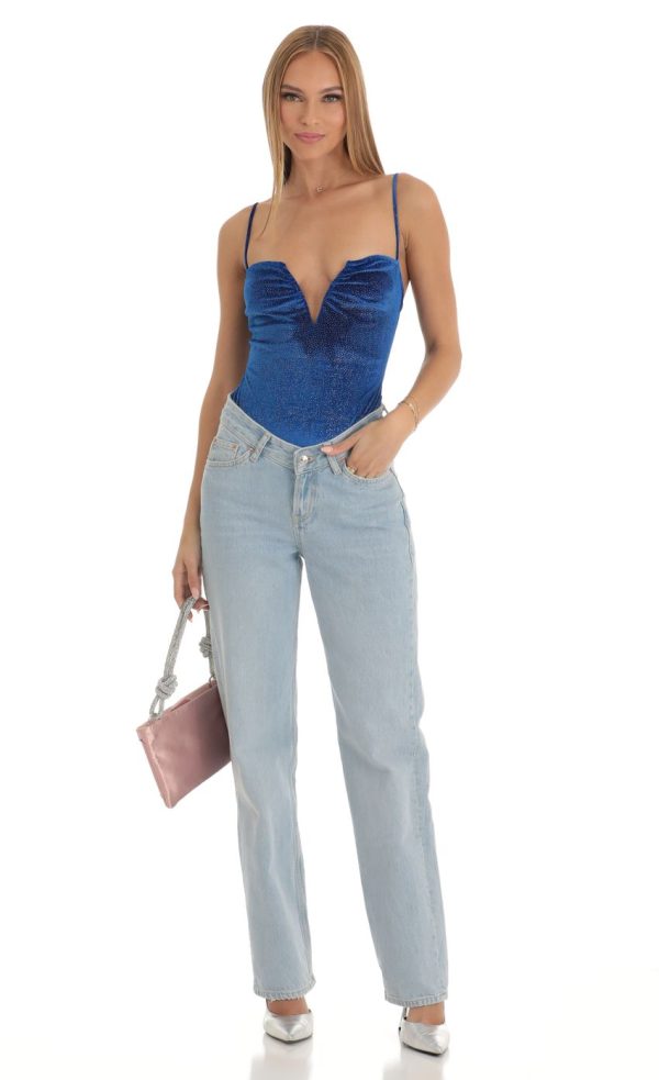 V-Neck Velvet Bodysuit in Blue - Image 4