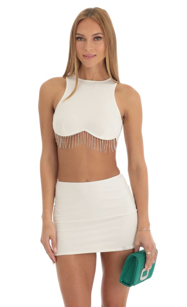 Rhinestone Reverse Sweetheart Two Piece Skirt Set in Cream