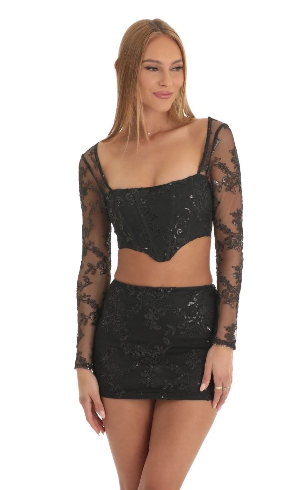 Sequin Two Piece Skirt Set in Black