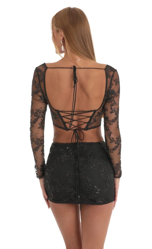 Sequin Two Piece Skirt Set in Black - Image 2