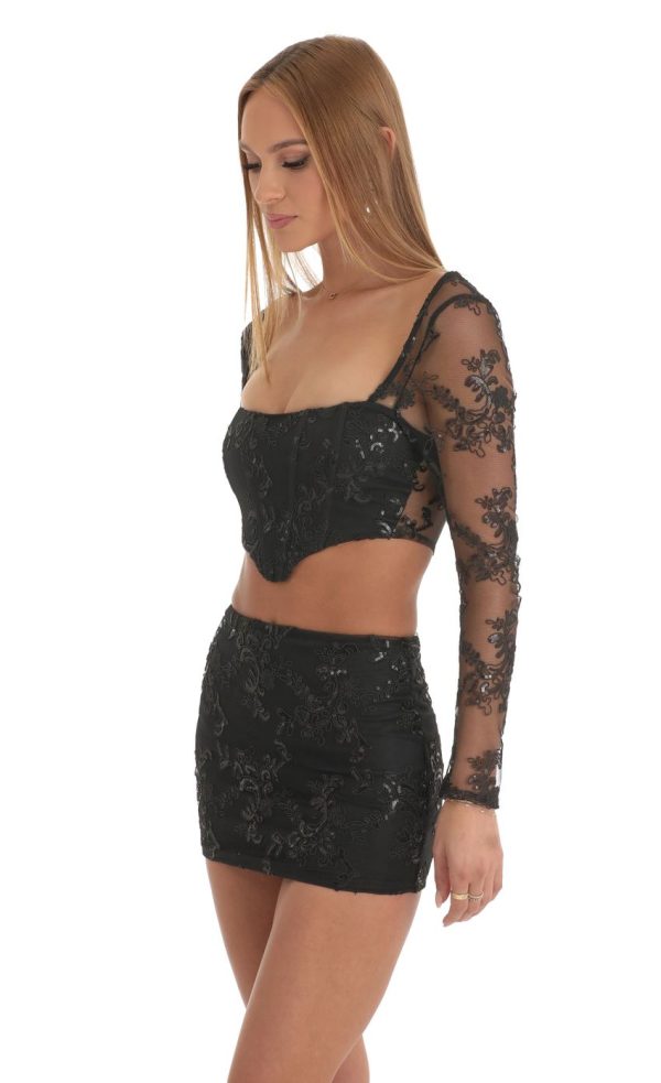 Sequin Two Piece Skirt Set in Black - Image 3