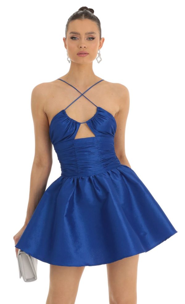 Satin Ruched Front Cross Dress in Blue - Image 4