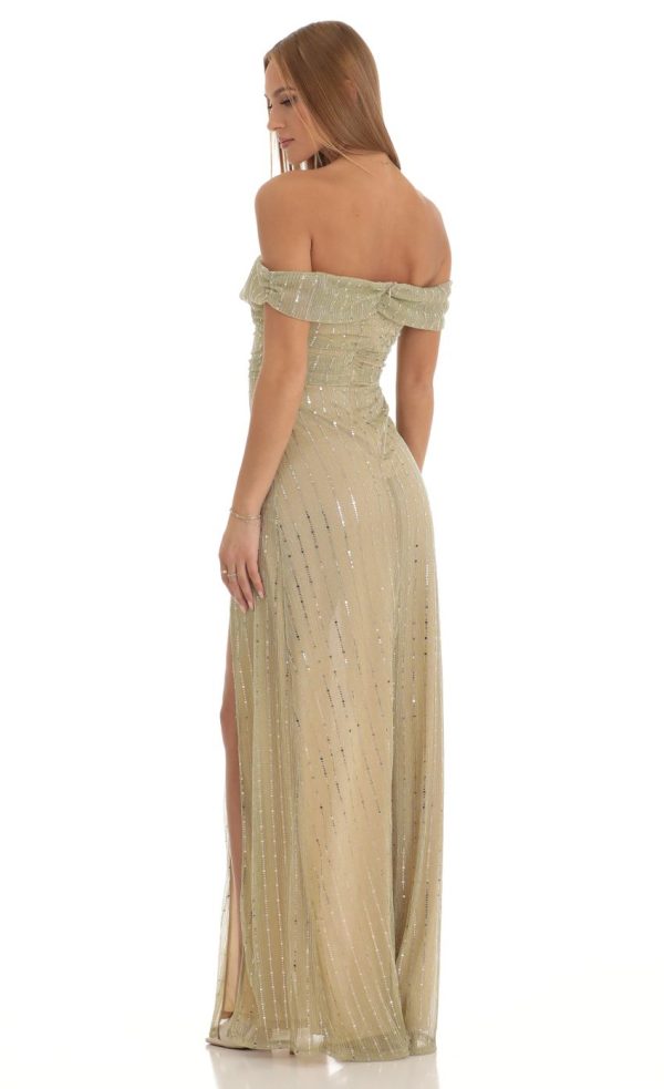 Sequin Striped Off The Shoulder Maxi Dress in Gold - Image 2
