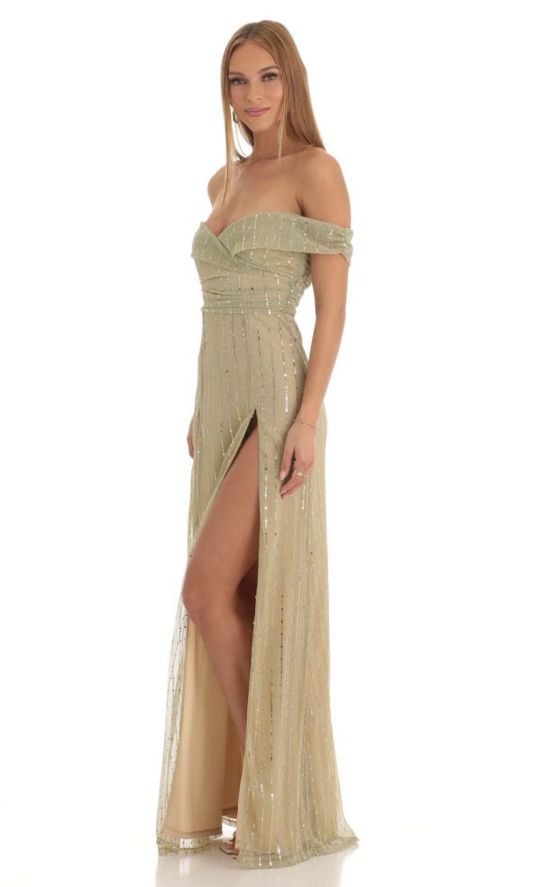 Sequin Striped Off The Shoulder Maxi Dress in Gold - Image 3