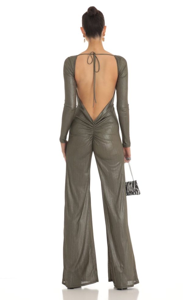 Shimmer Open Back Long Sleeve Jumpsuit in Olive
