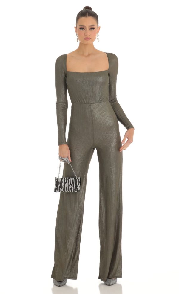 Shimmer Open Back Long Sleeve Jumpsuit in Olive - Image 2