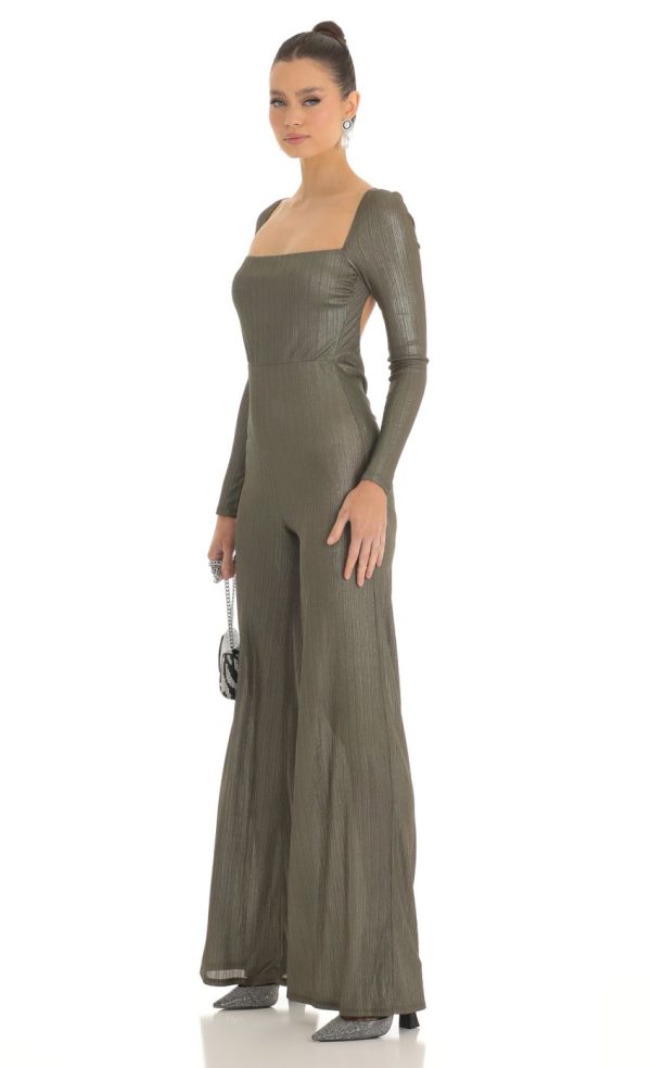 Shimmer Open Back Long Sleeve Jumpsuit in Olive - Image 3