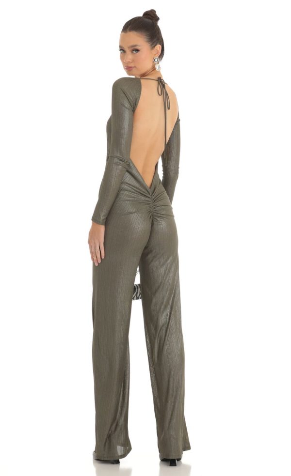 Shimmer Open Back Long Sleeve Jumpsuit in Olive - Image 4