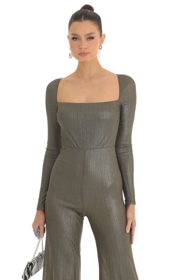 Shimmer Open Back Long Sleeve Jumpsuit in Olive - Image 5
