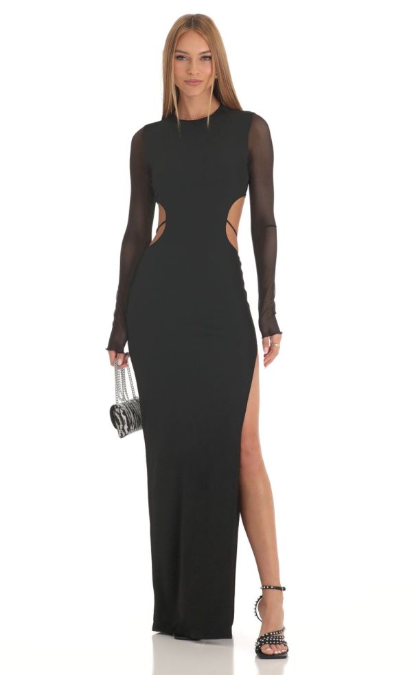 Long Sleeve Sheer Back Dress in Black - Image 2