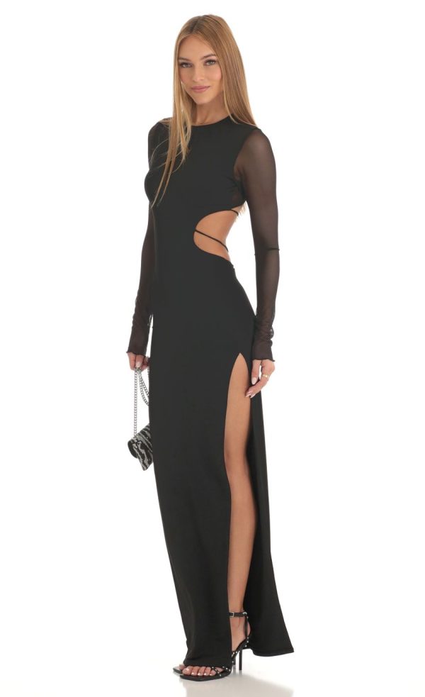 Long Sleeve Sheer Back Dress in Black - Image 3