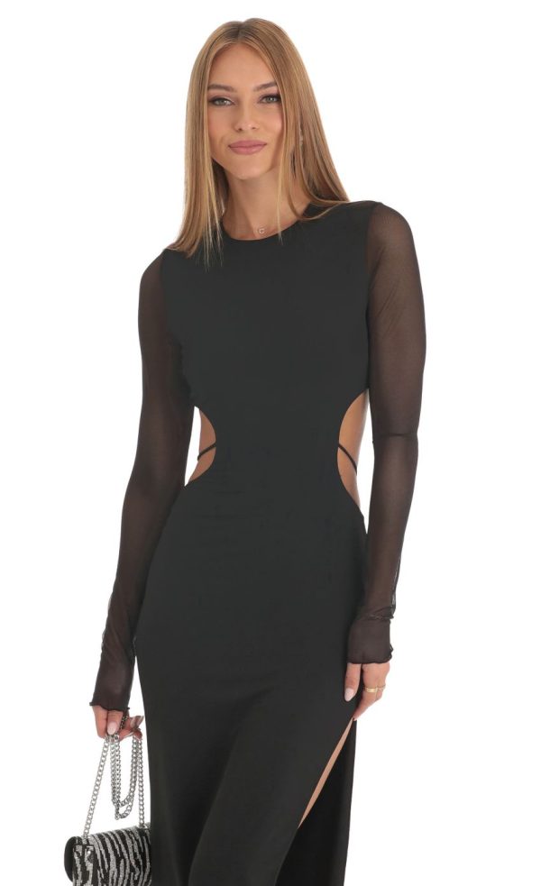 Long Sleeve Sheer Back Dress in Black - Image 4
