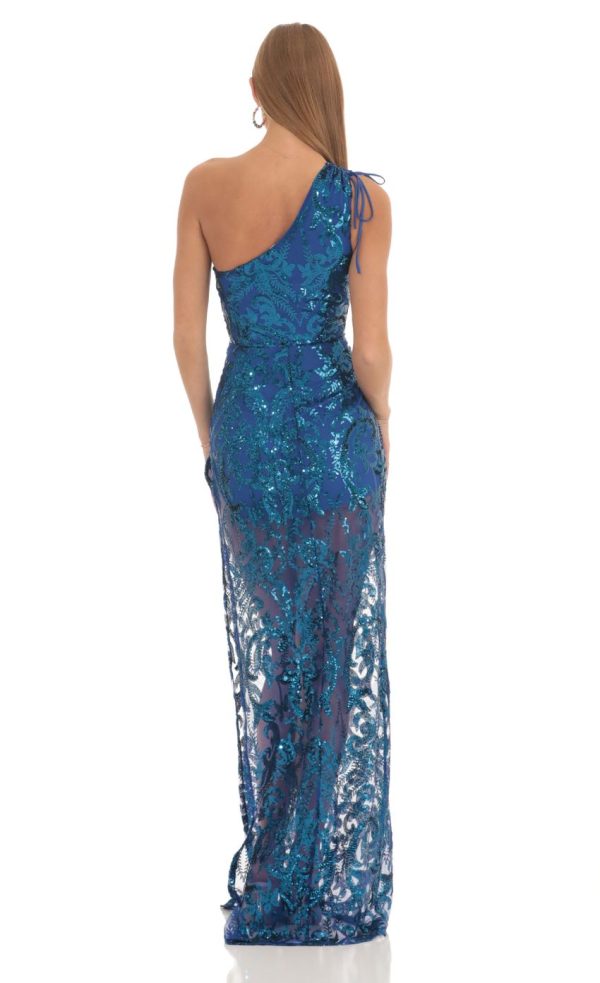 Sequin One Shoulder Maxi Dress in Blue - Image 2