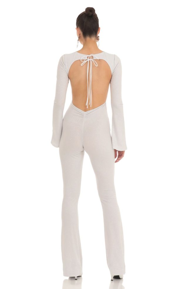 Silver Shimmer Open Back Jumpsuit in White