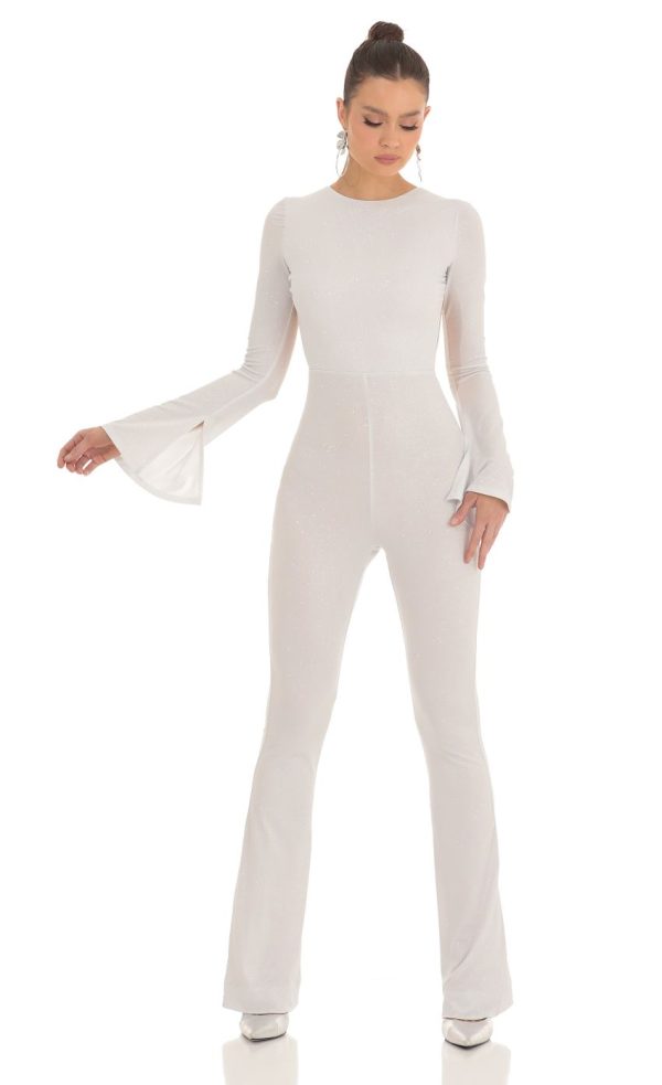 Silver Shimmer Open Back Jumpsuit in White - Image 2
