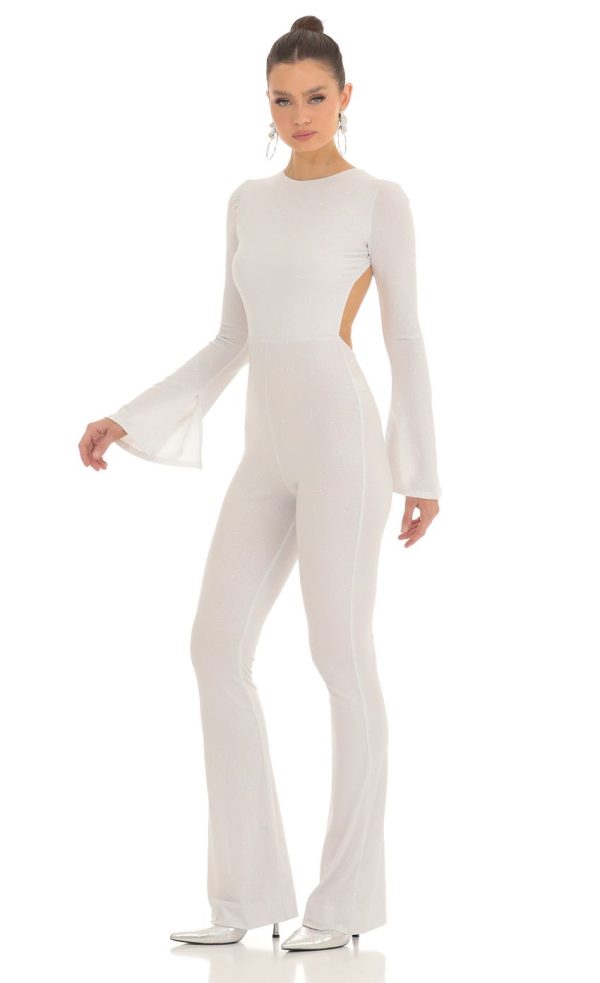 Silver Shimmer Open Back Jumpsuit in White - Image 3