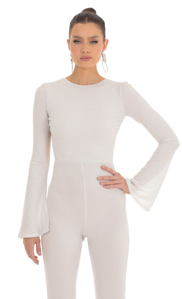 Silver Shimmer Open Back Jumpsuit in White - Image 4
