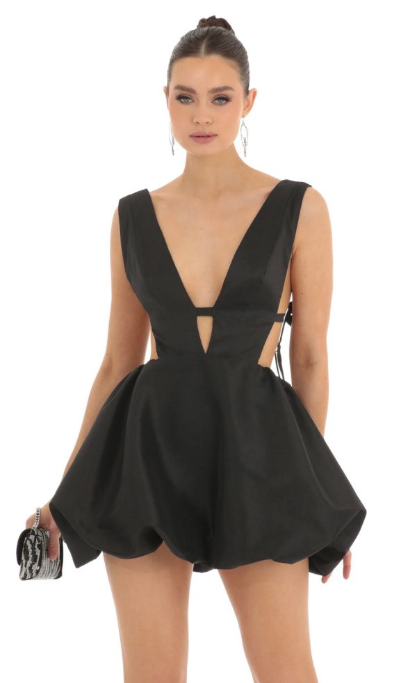 Plunge V Bubble Skirt Dress in Black - Image 4