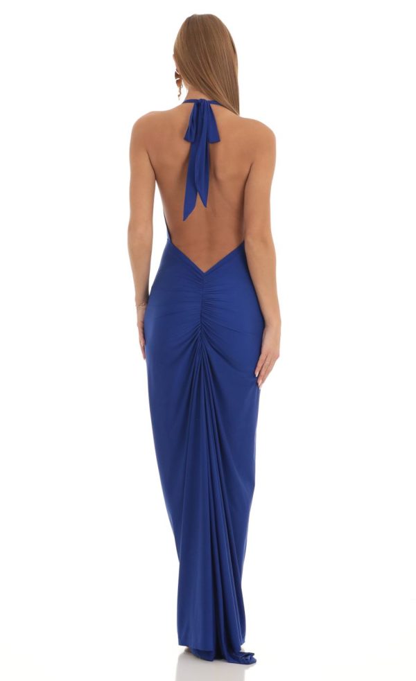 Gathered Back Halter BodyCon Maxi Dress in Royal Blue
