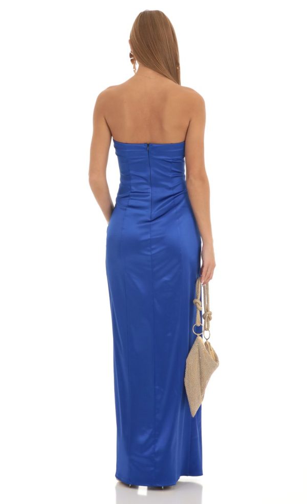 Satin Pleated Strapless Maxi Dress in Royal Blue - Image 2