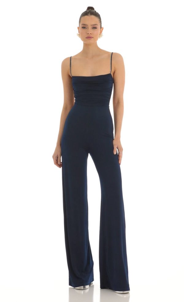 Mesh Back Wide Leg Jumpsuit in Navy