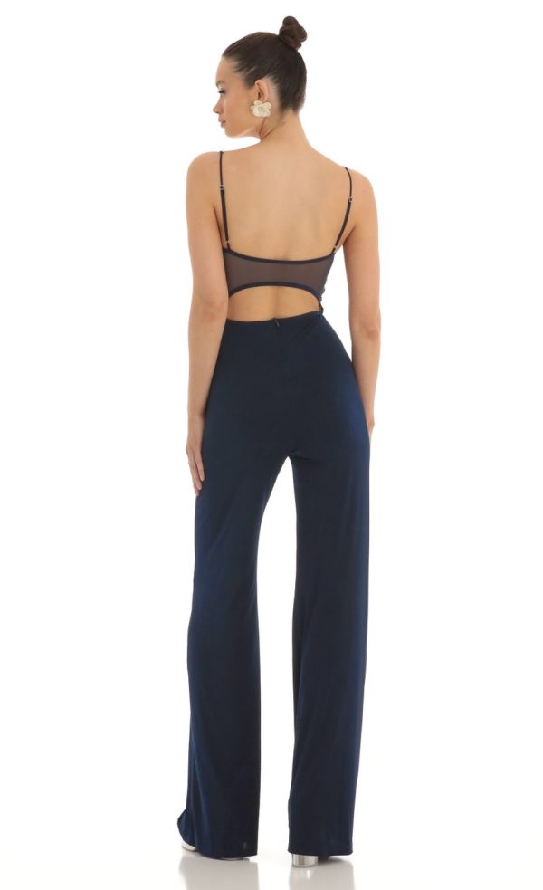 Mesh Back Wide Leg Jumpsuit in Navy - Image 2