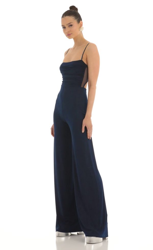 Mesh Back Wide Leg Jumpsuit in Navy - Image 3