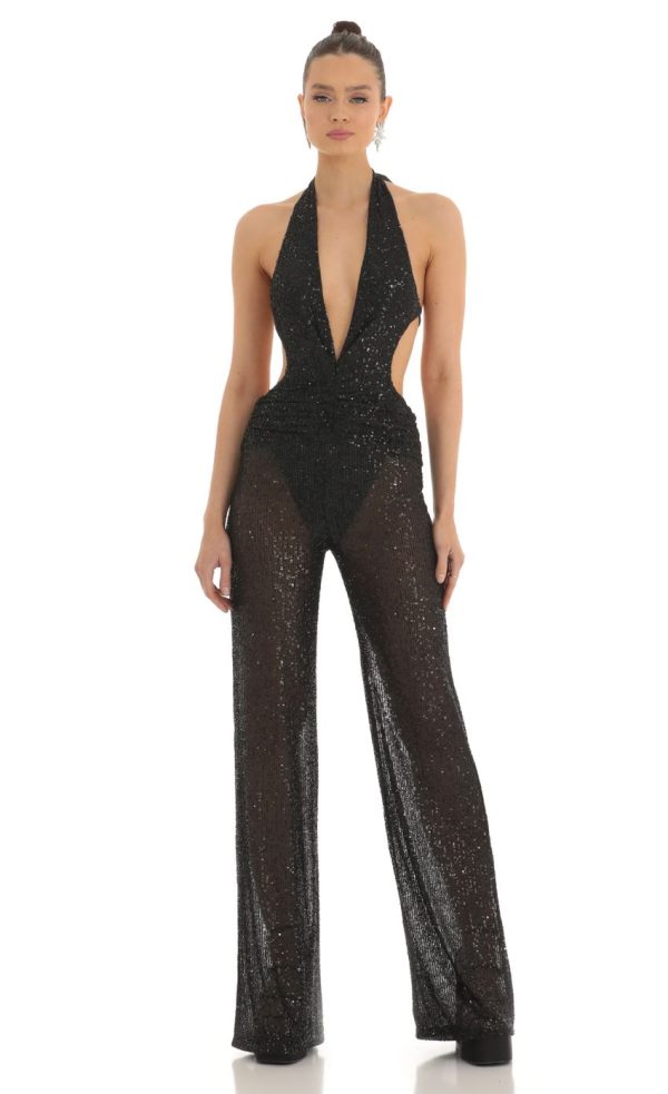 Sequin Plunge Halter Jumpsuit in Black
