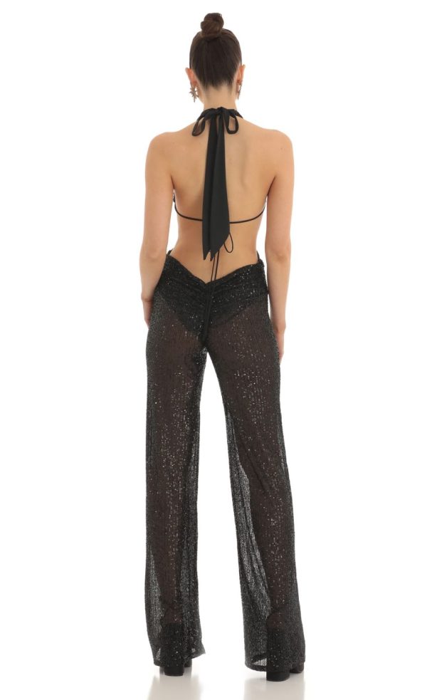 Sequin Plunge Halter Jumpsuit in Black - Image 2
