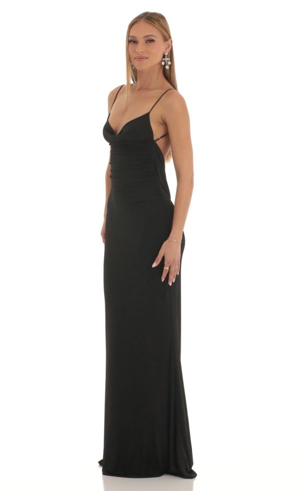 Lace Open Back Maxi Dress in Black - Image 3