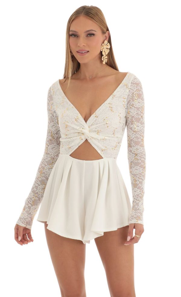 Sequin Lace Romper in White - Image 4