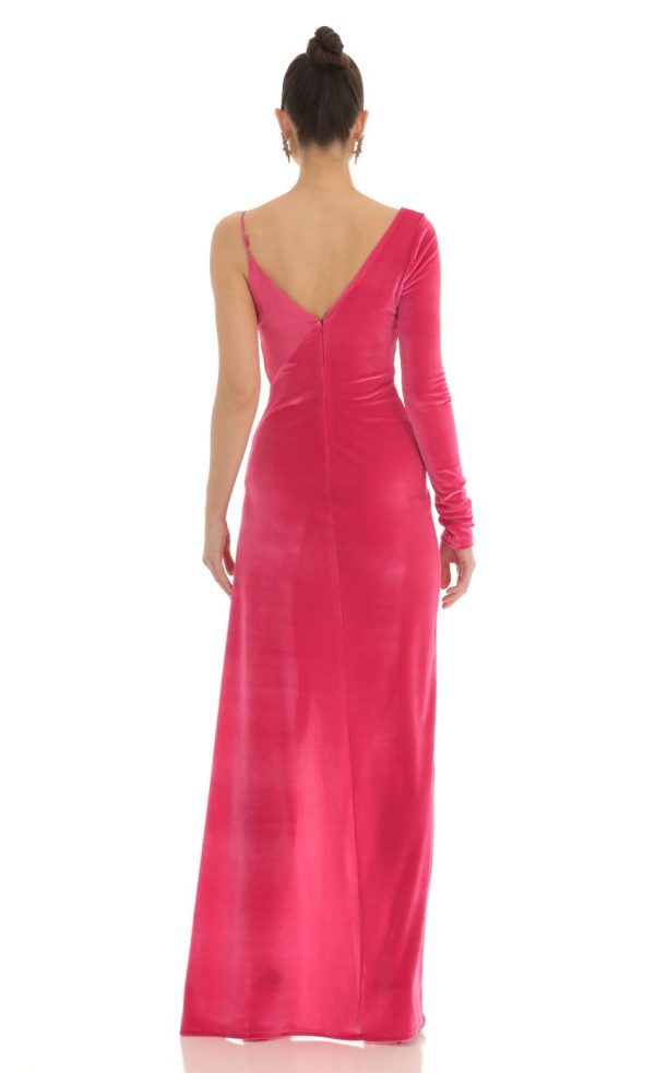 Tomia Asymmetrical Velvet Maxi Dress in Pink - Image 2