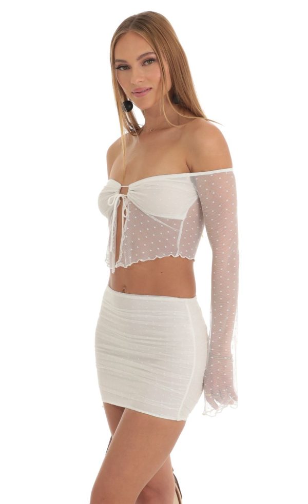 Dotted Mesh Two Piece Skirt Set in White - Image 3