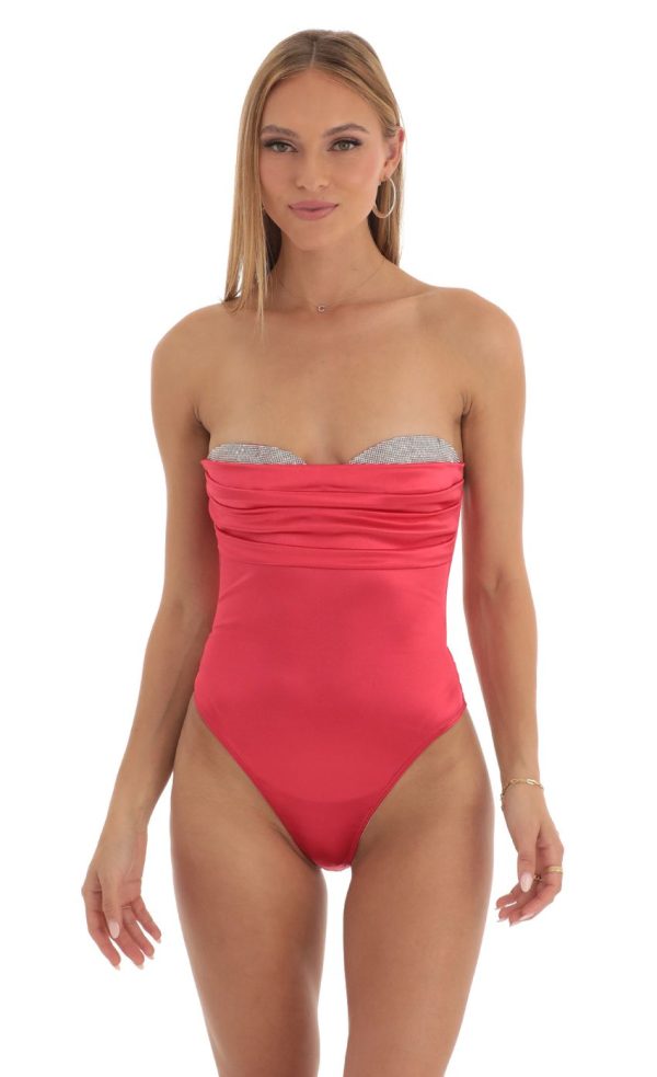 Rhinestone Satin Bodysuit in Red - Image 4